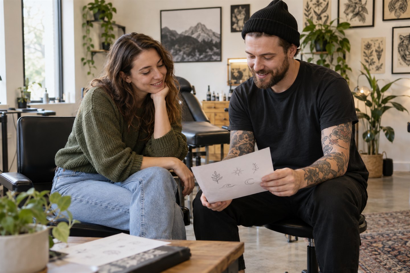 A client and tattoo artist discuss a small design in a bright, welcoming studio.